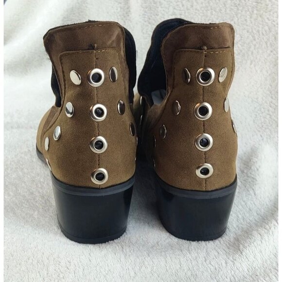 Studded Shoe Boot Two-Tone Brown Faux Leather Silver Studs Medium Block Heel - Picture 4 of 13